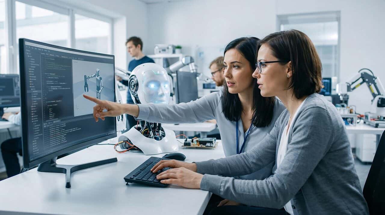 Two women collaborating on enterprise technology solutions in a modern lab.